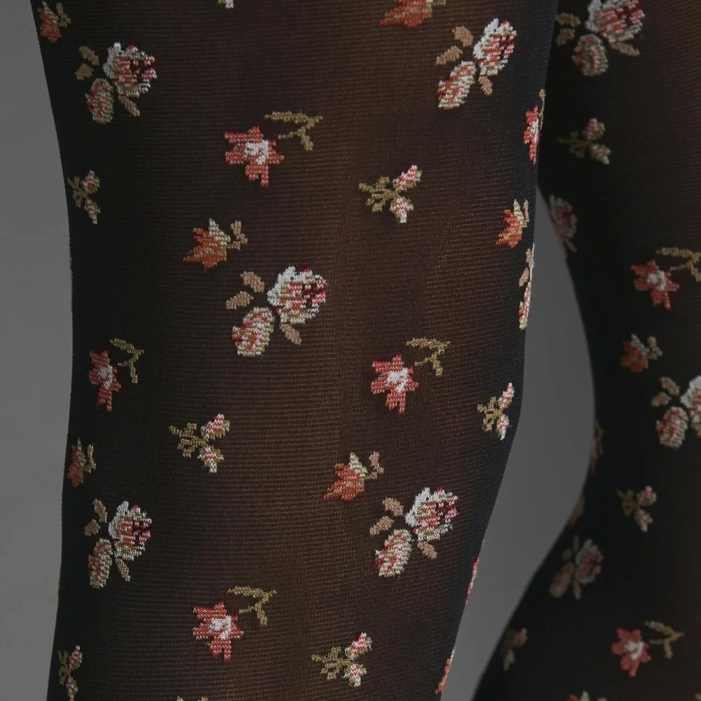 NWT Anthropologie Black  Ditsy Floral Tights XS